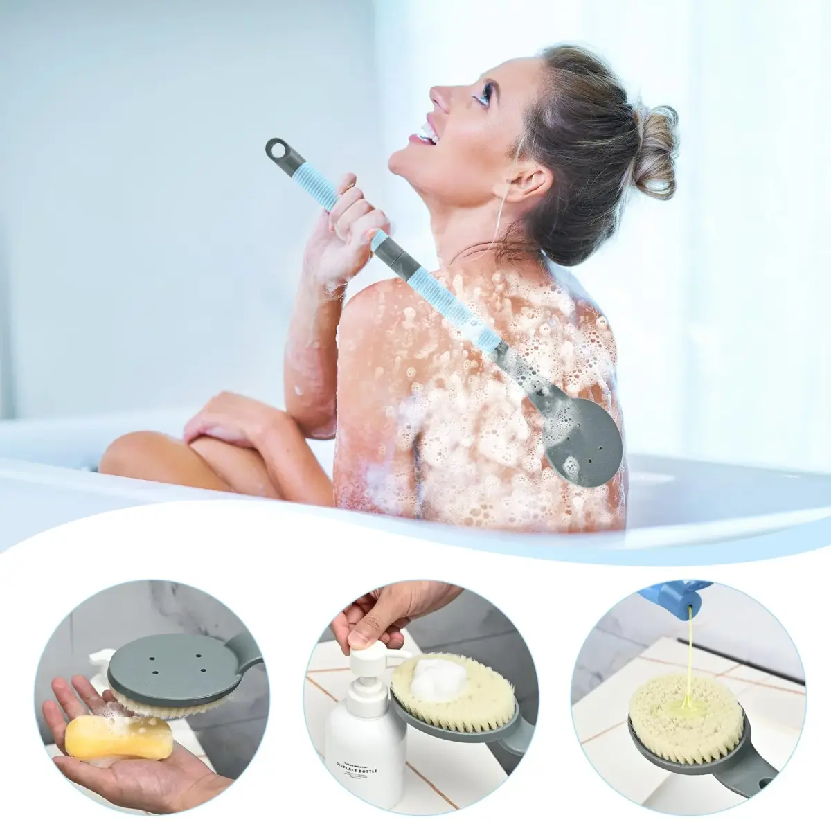 BTideas Detachable Back Bath Brush 55cm (21.7”) Grey | Long Handle for Shower Exfoliation & Limited Mobility - view 5