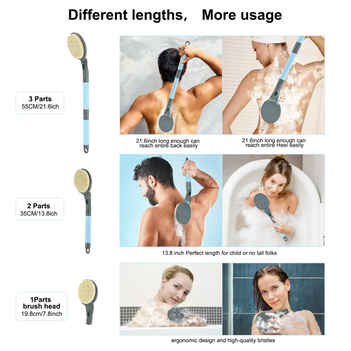 BTideas Detachable Back Bath Brush 55cm (21.7”) Grey | Long Handle for Shower Exfoliation & Limited Mobility - view 6