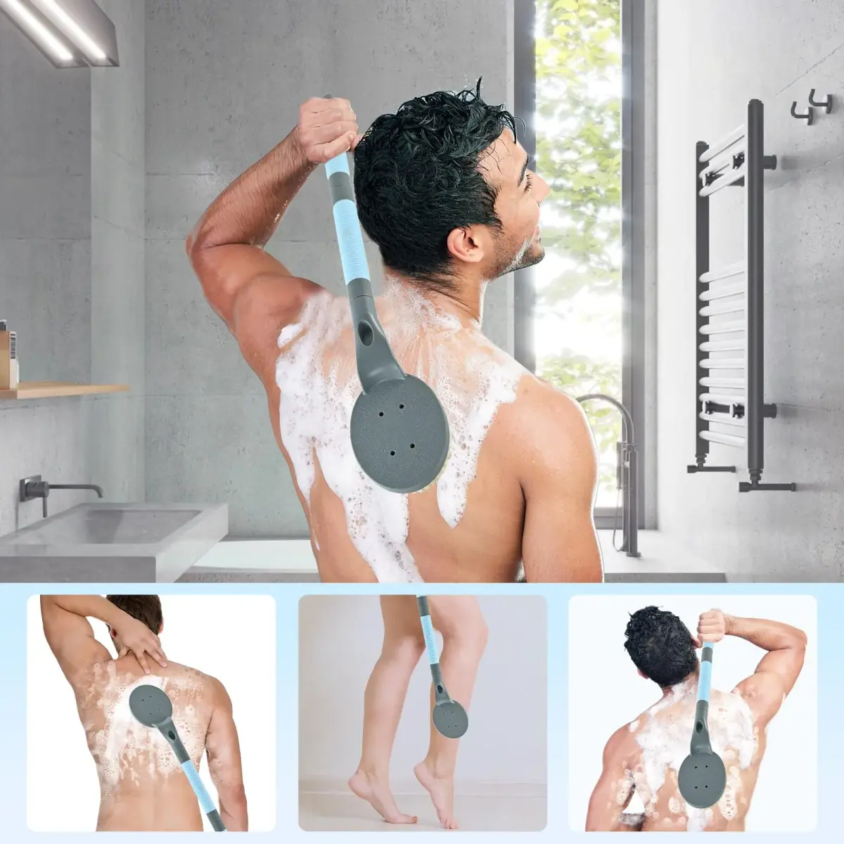 BTideas Detachable Back Bath Brush 55cm (21.7”) Grey | Long Handle for Shower Exfoliation & Limited Mobility - view 4