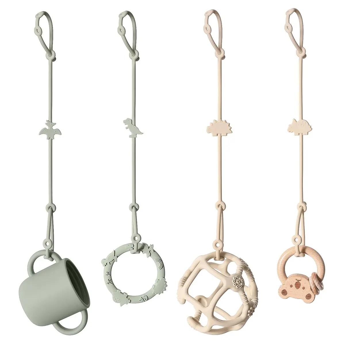 Andy Bear Silicone Toy Straps for Strollers, High Chairs & Cribs | 4-Pack Sage/Ivory - main product image