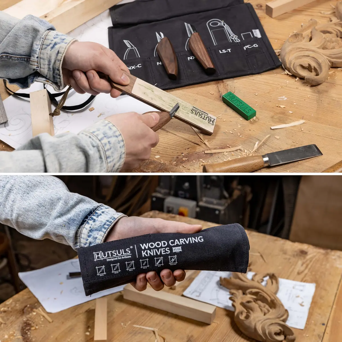 Hutsuls S.06 Wood Carving Knives Kit - Complete Beginners Whittling Set, Precision Japanese SK2 Blades, Ergonomic Walnut Handles, Leather Strop & Canvas Bag - view 6