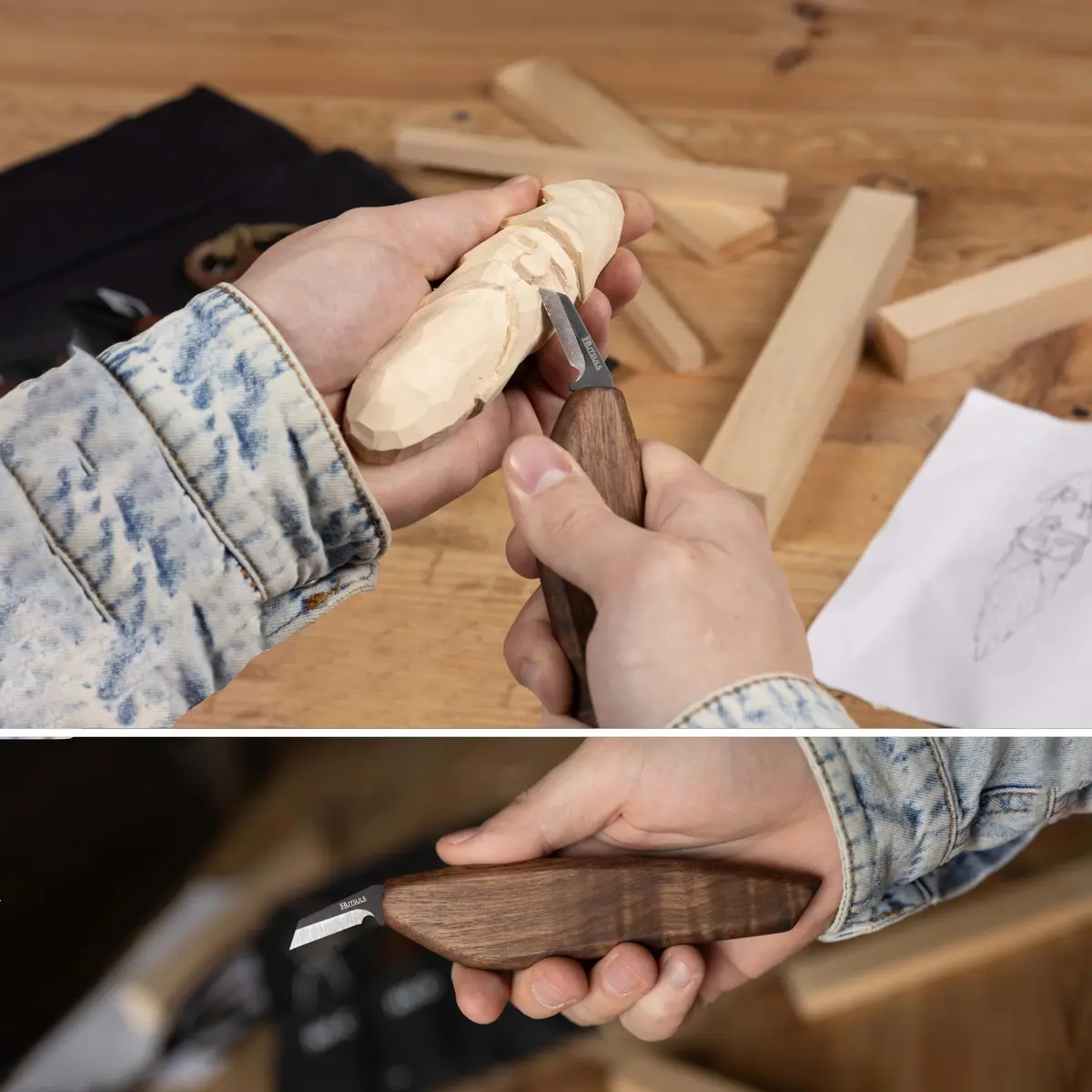 Hutsuls S.06 Wood Carving Knives Kit - Complete Beginners Whittling Set, Precision Japanese SK2 Blades, Ergonomic Walnut Handles, Leather Strop & Canvas Bag - view 3