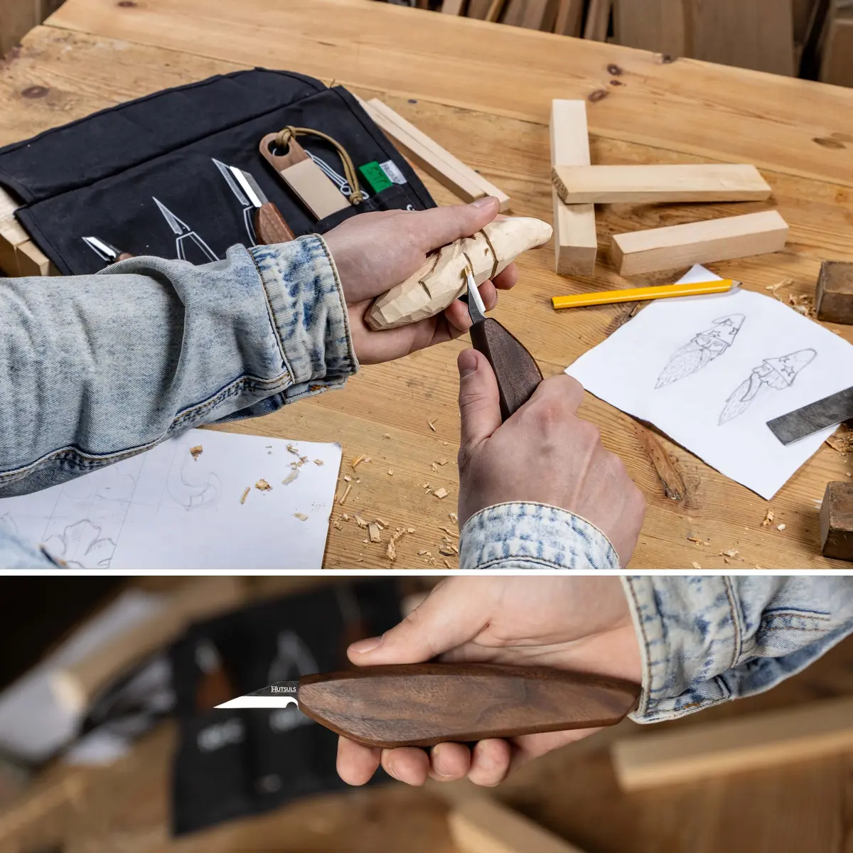 Hutsuls S.06 Wood Carving Knives Kit - Complete Beginners Whittling Set, Precision Japanese SK2 Blades, Ergonomic Walnut Handles, Leather Strop & Canvas Bag - view 4