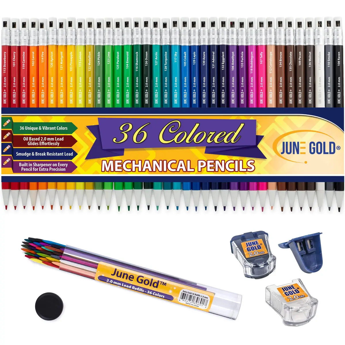 June Gold 36 Colored 2.0 mm Mechanical Pencils with Refills & Sharpeners | Creative Art & Craft Tool - main product image