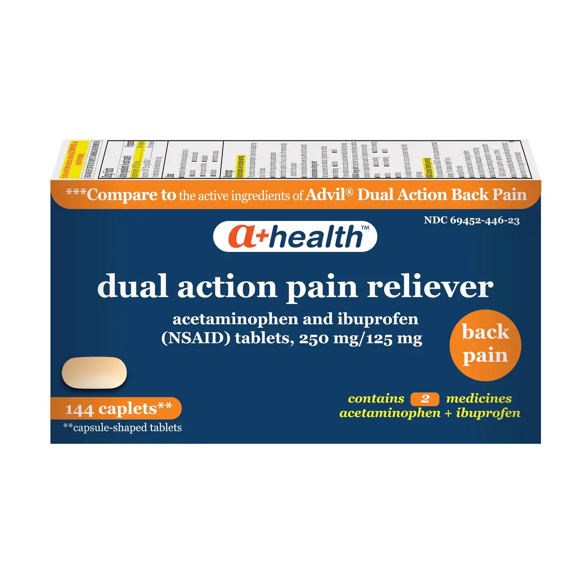 A+Health Dual Action Back Pain Relief Caplets 144 ct | Acetaminophen & Ibuprofen for Fast Relief - main product image