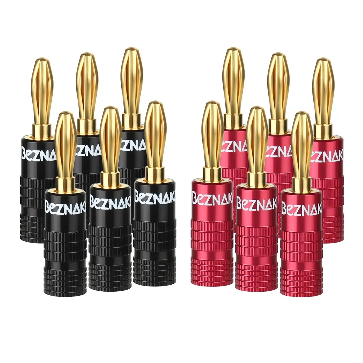Beznaka Banana Plugs with Dual Set Screws, Black and Red Aluminum Shell, 12-Pack | Gold-Plated Brass Contacts for Pristine Audio - main product image