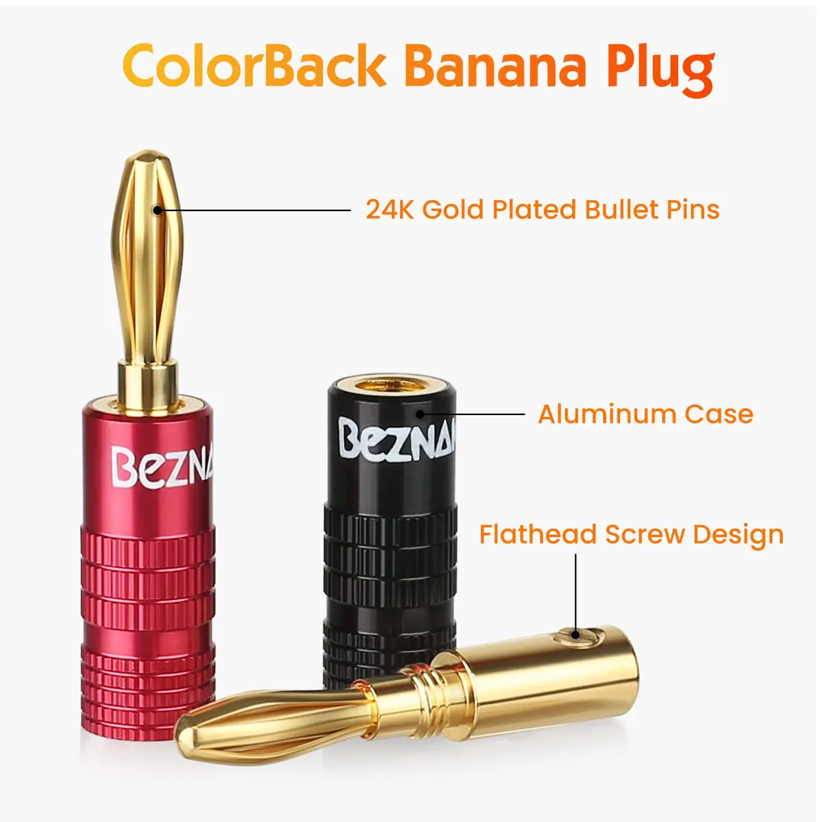 Beznaka Banana Plugs with Dual Set Screws, Black and Red Aluminum Shell, 12-Pack | Gold-Plated Brass Contacts for Pristine Audio - view 2