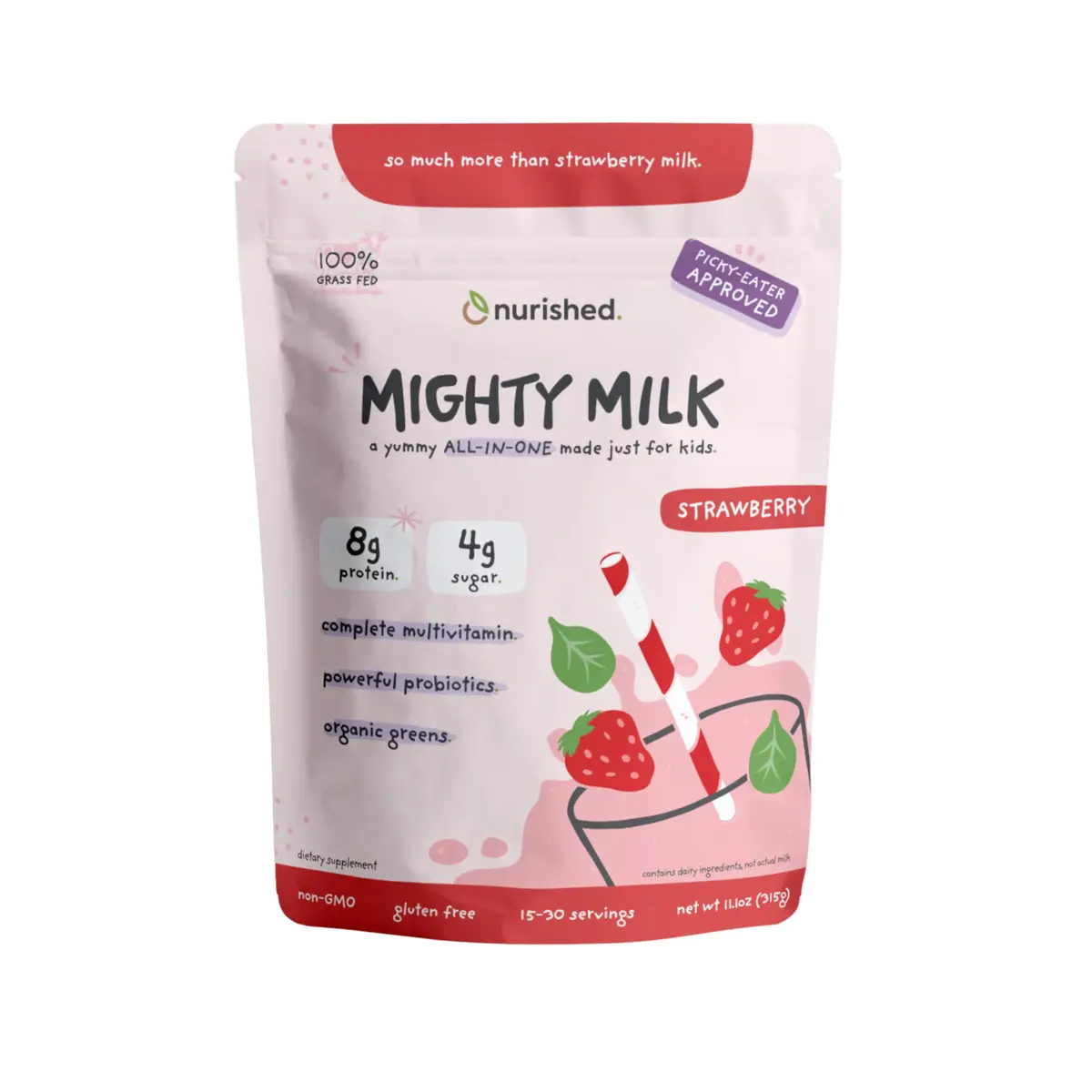 Nurished Mighty Strawberry Milk 11.1oz | Kids Daily Protein & Multivitamin with Probiotics - main product image