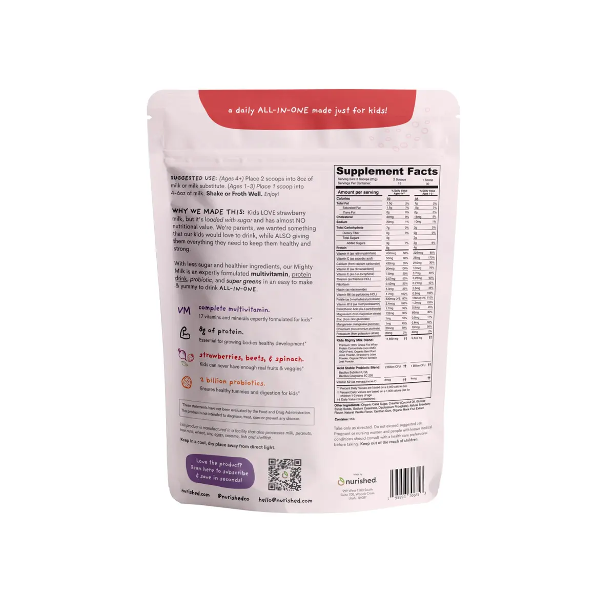 Nurished Mighty Strawberry Milk 11.1oz | Kids Daily Protein & Multivitamin with Probiotics - view 2