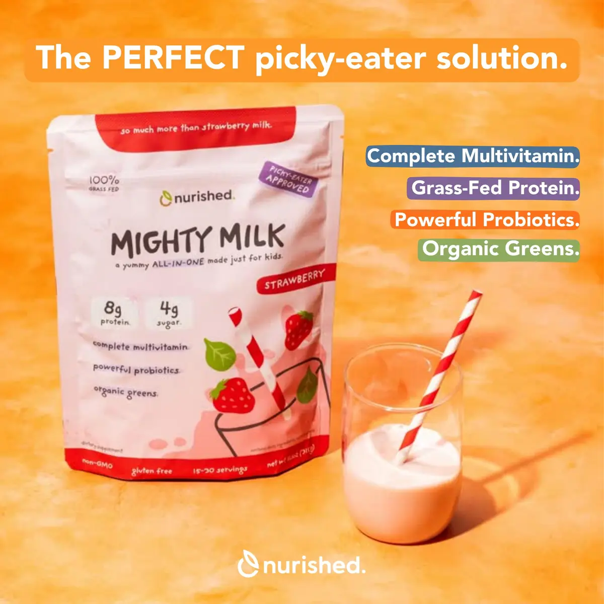 Nurished Mighty Strawberry Milk 11.1oz | Kids Daily Protein & Multivitamin with Probiotics - view 3