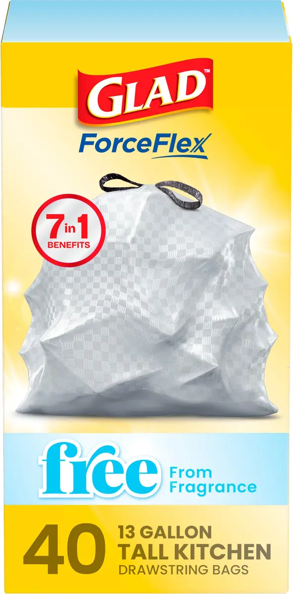 Glad ForceFlex Tall Kitchen Drawstring Trash Bags 13 Gal (40 Count) | Fragrance-Free, Rip & Leak Protection - main product image