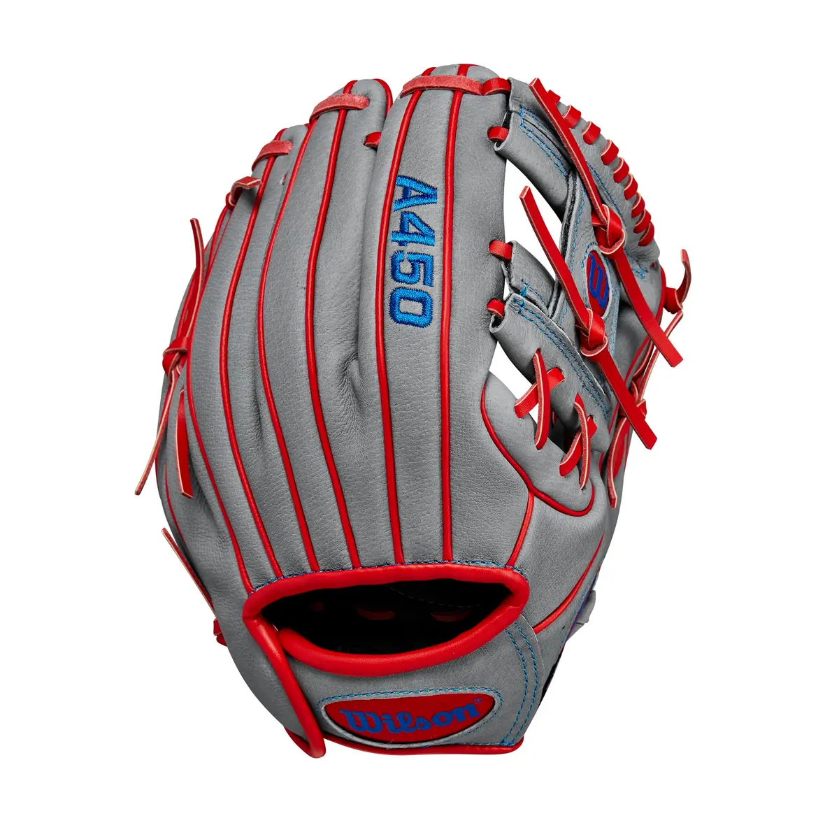 Wilson A450 10.75” Youth Infield Baseball Glove - Right Hand Throw, Grey/Red/Royal | Lightweight Durability - view 2
