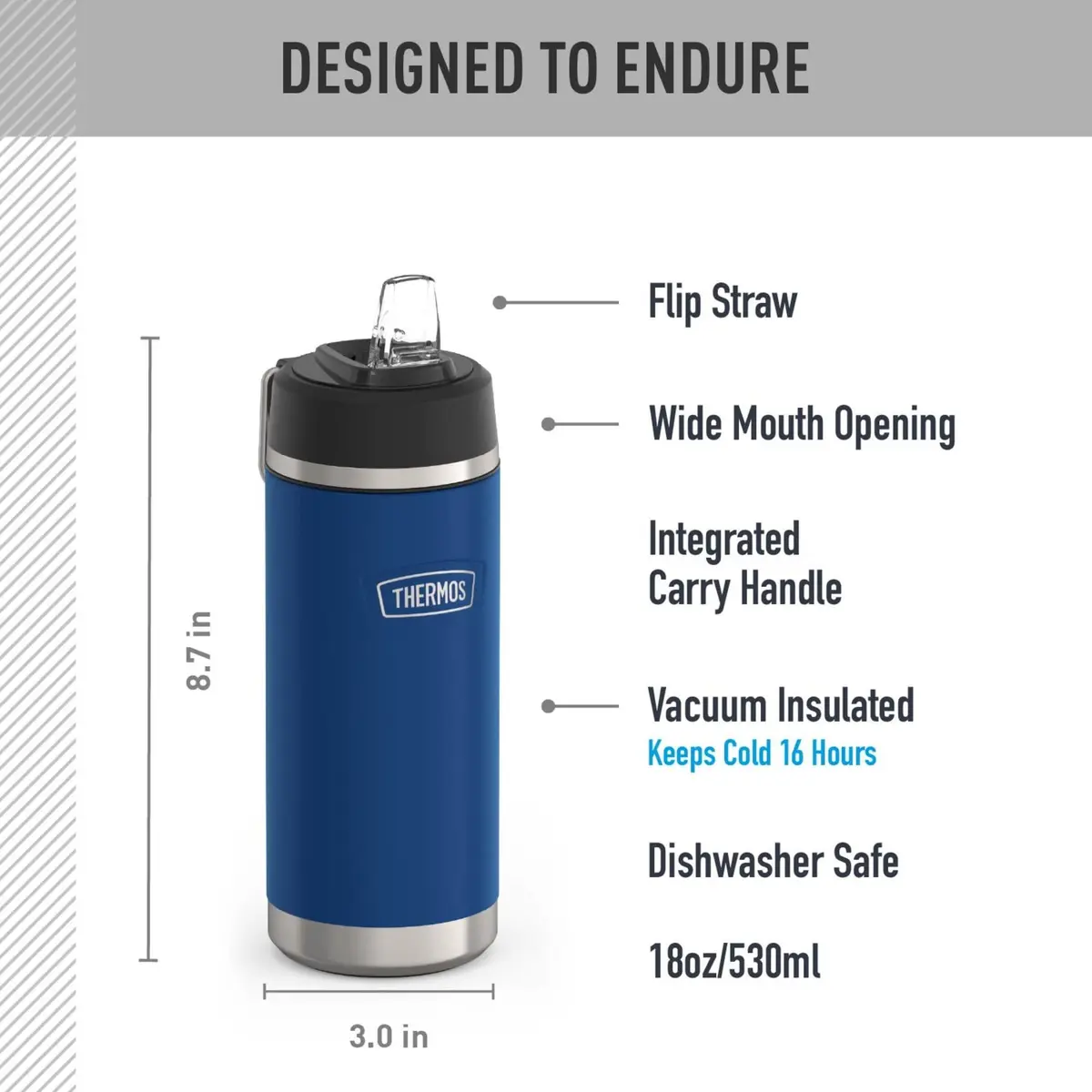 THERMOS ICON SERIES 18oz Water Bottle Navy | Vacuum Insulated with Straw Lid - view 2