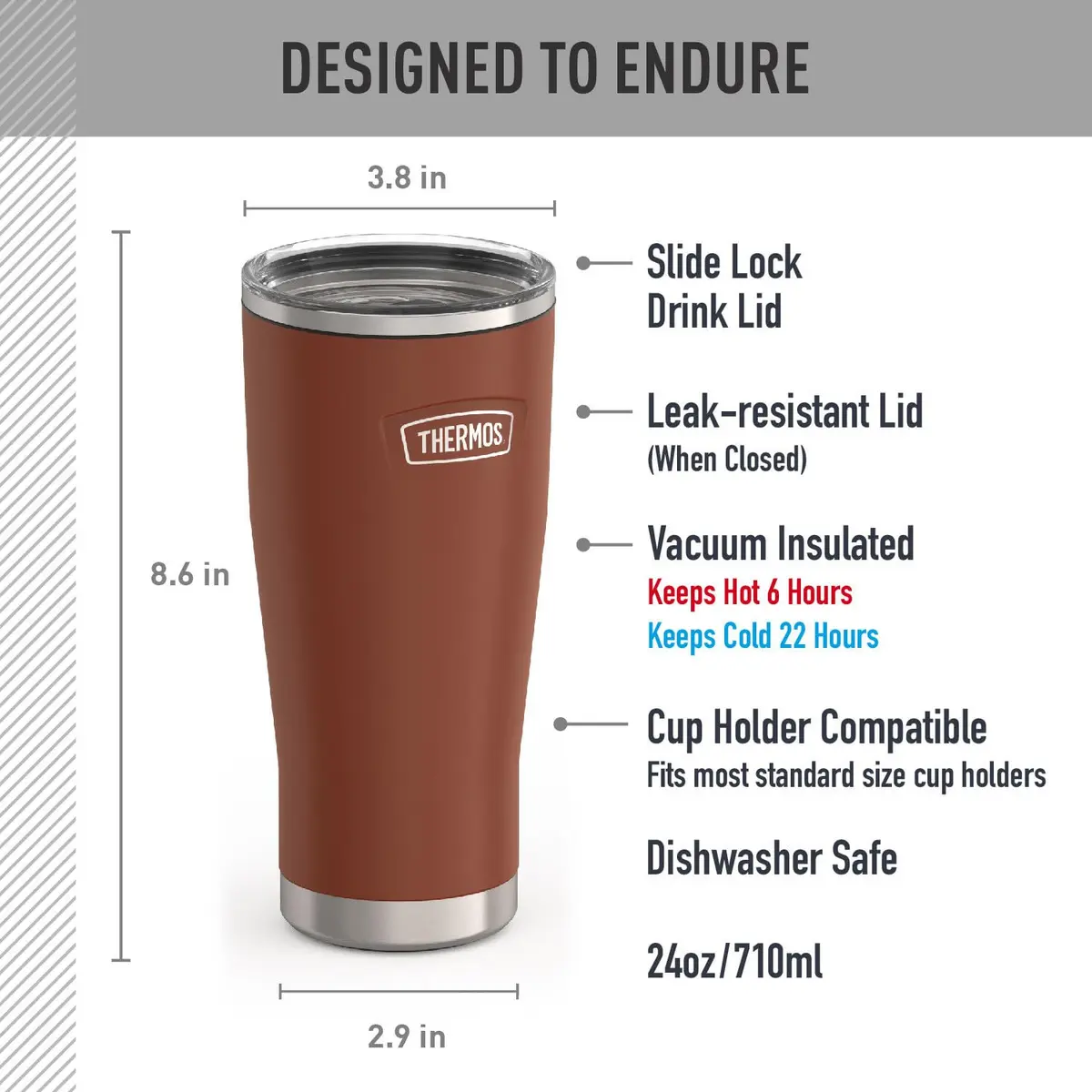 THERMOS Icon Series 24oz (680ml) Stainless Steel Tumbler with Slide Lock Lid | Griptec™ Non-Slip Base - view 7