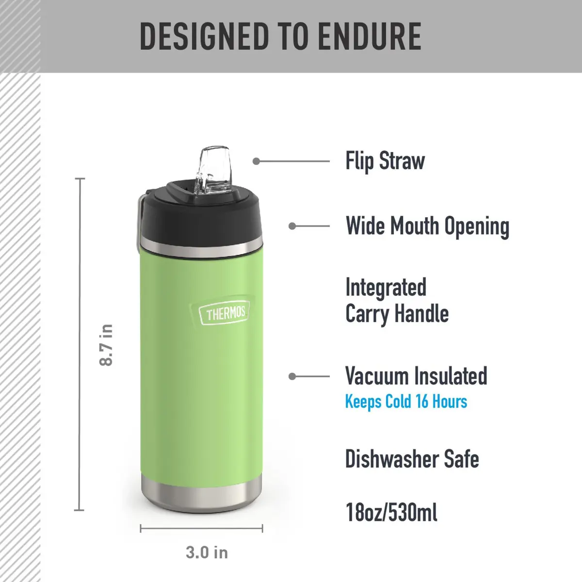 THERMOS ICON SERIES 18oz Lime Water Bottle | Keeps Drinks Cold 16h, Durable Stainless Steel, Straw Lid - view 2