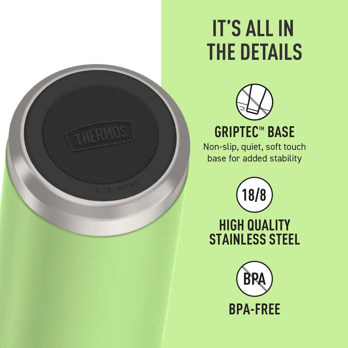 THERMOS ICON SERIES 18oz Lime Water Bottle | Keeps Drinks Cold 16h, Durable Stainless Steel, Straw Lid - view 4