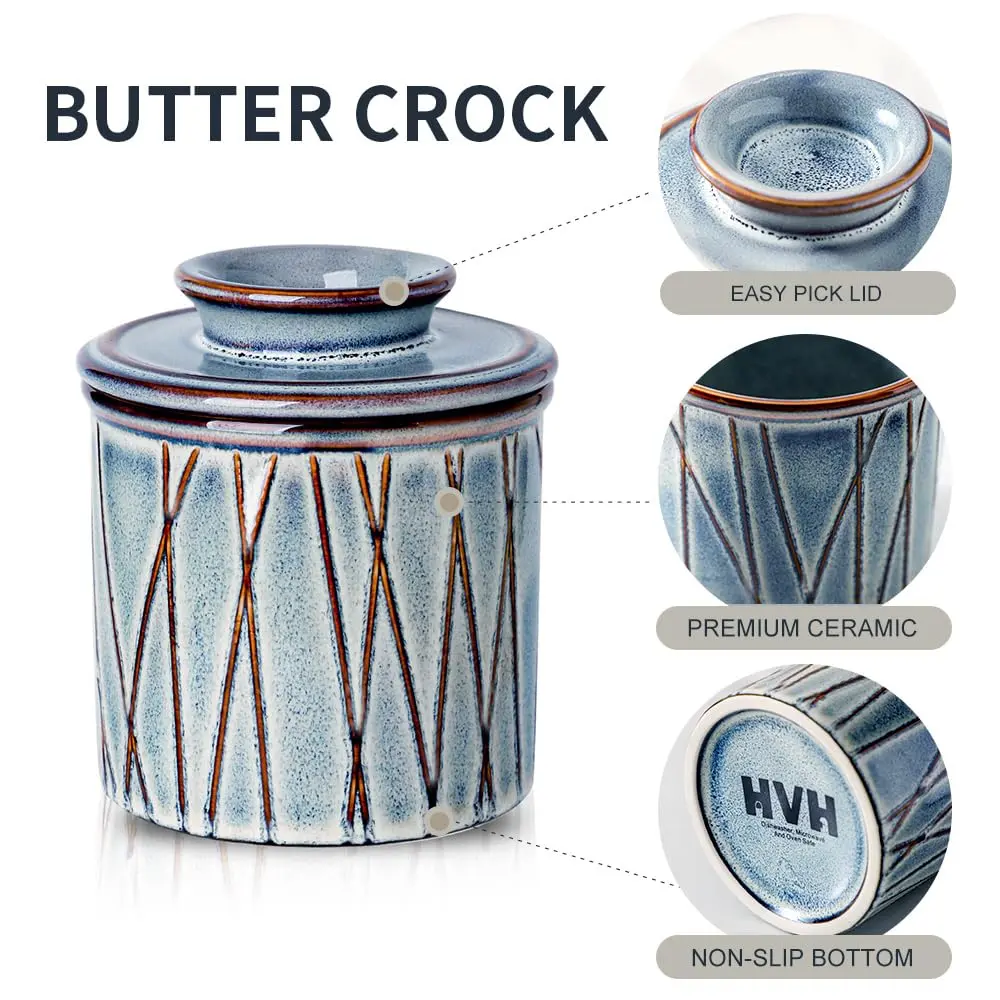 HVH Ceramic Butter Crock with Lid | Water-Sealed French Butter Keeper for Countertop (4x4 inches, 198g) - view 6