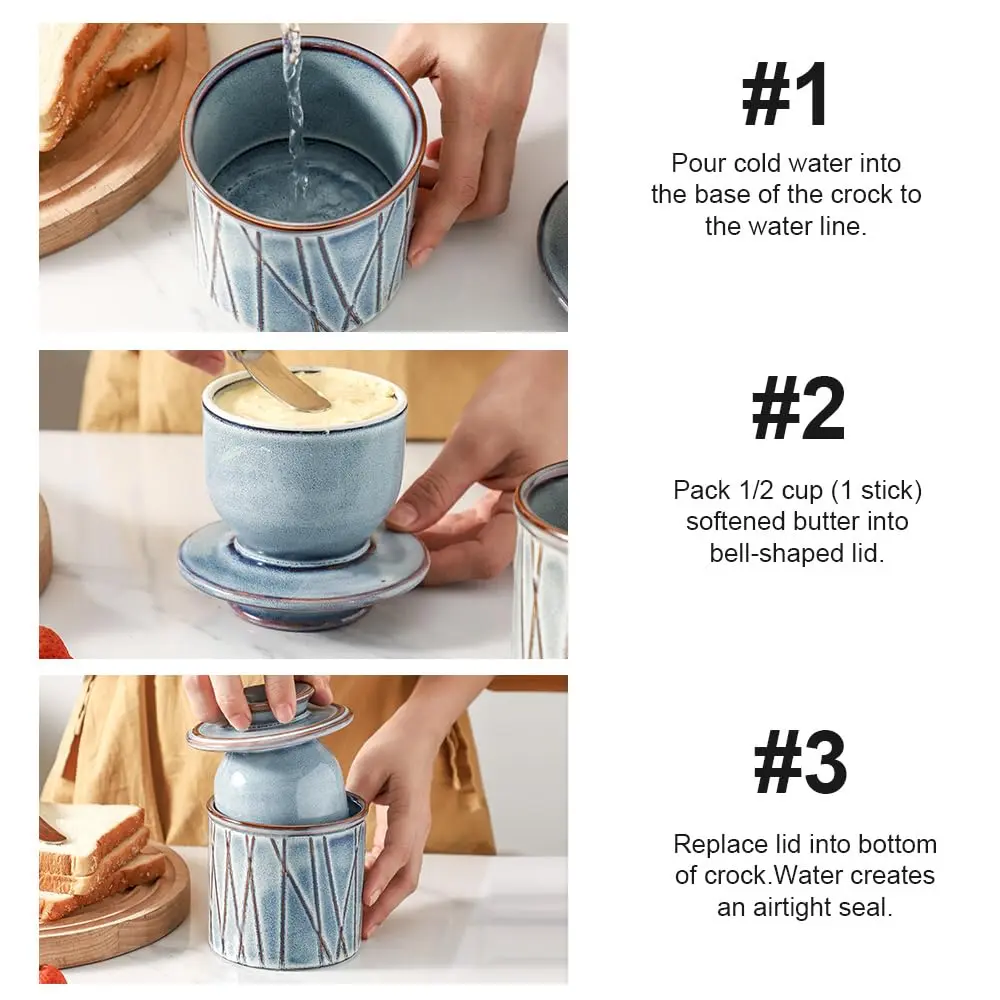 HVH Ceramic Butter Crock with Lid | Water-Sealed French Butter Keeper for Countertop (4x4 inches, 198g) - view 3