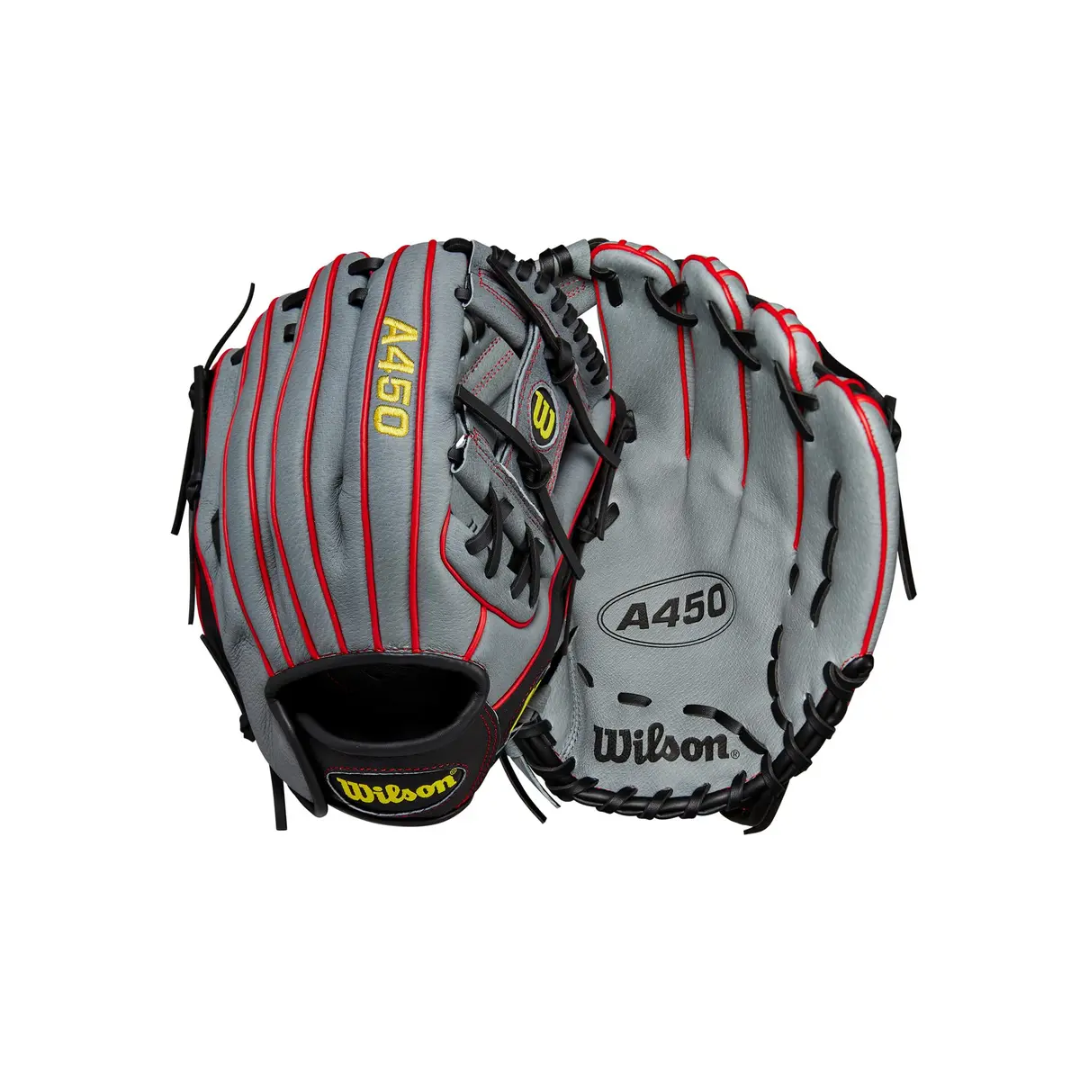 Wilson A450™ 11.5” Youth Infield Baseball Glove - Left Hand Throw, Grey/Black/Yellow | Game-Ready Feel for Young Fielders - main product image