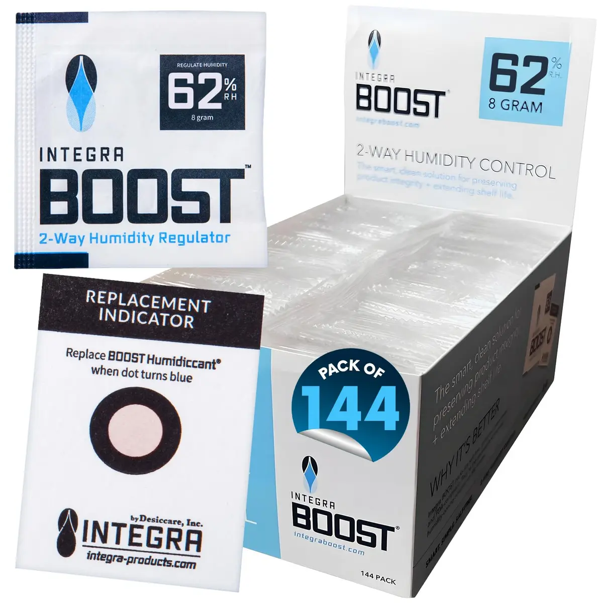 Integra Boost 62% RH 2-Way Humidity Control Packs 8g (144-Pack) | Maintains 62% RH for Herbs, Spices, Food Storage - main product image