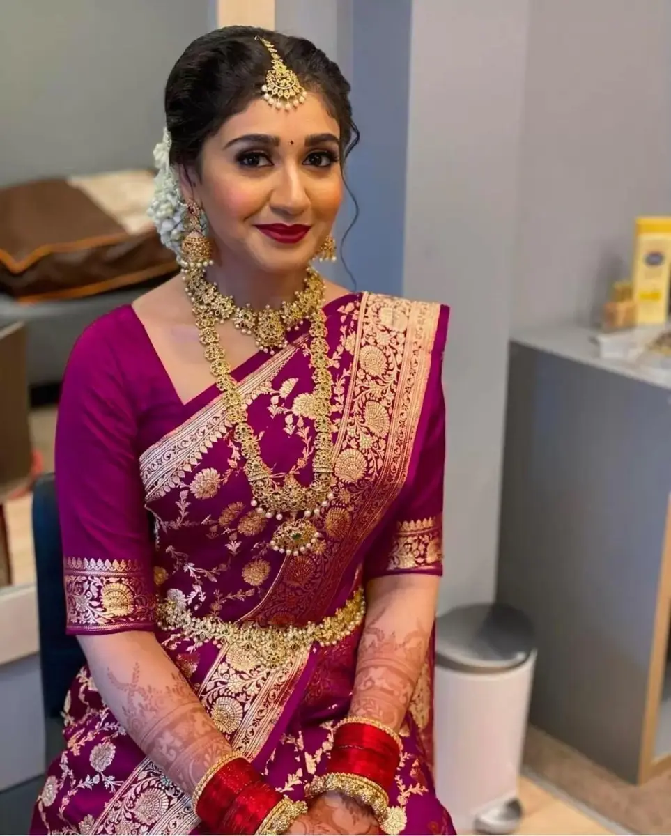 Sugathari Kanjivaram Silk Saree 5.5m | Traditional Wedding Wear in Wine - view 2