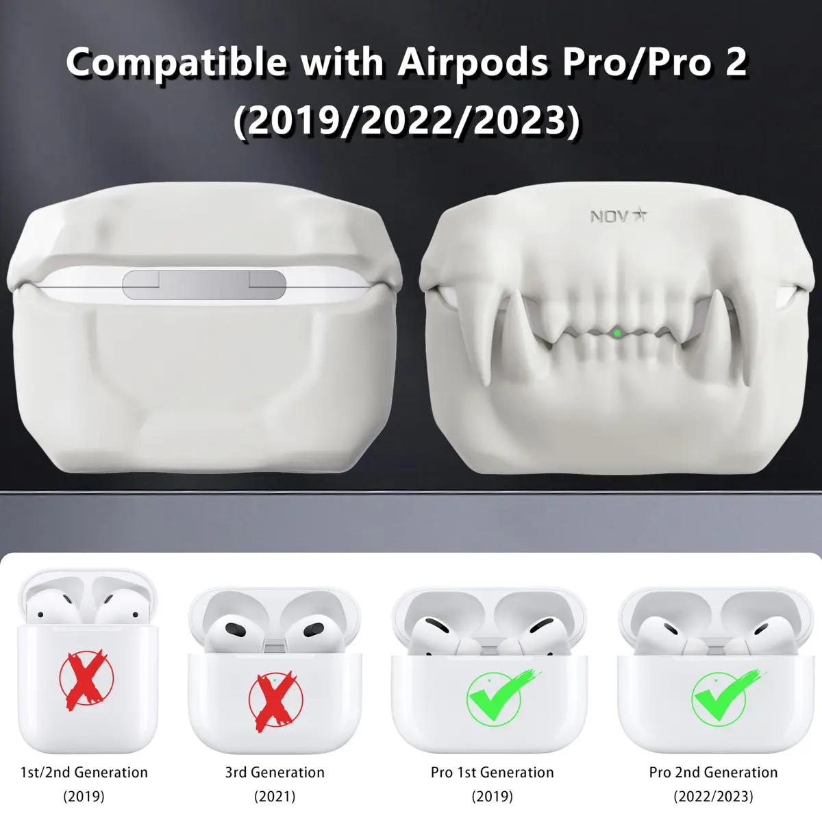 Novastar Airpods Pro 2 Case Cover | Tigertooth Silicone Protective Cover with Keychain (A-White) - view 2