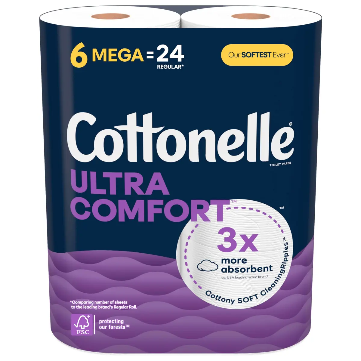 Cottonelle Ultra Soft Toilet Paper, 6 Mega Rolls (1464 Sheets Total) | 2-Ply, Unscented, Septic-Safe - main product image