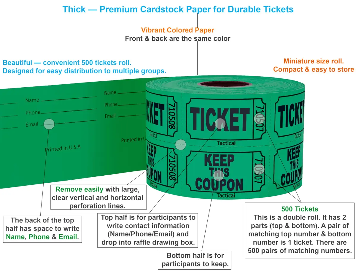 Tacticai 500 Raffle Tickets 50/50 Double Roll Green | Bright, Multipurpose Event Tickets - view 2
