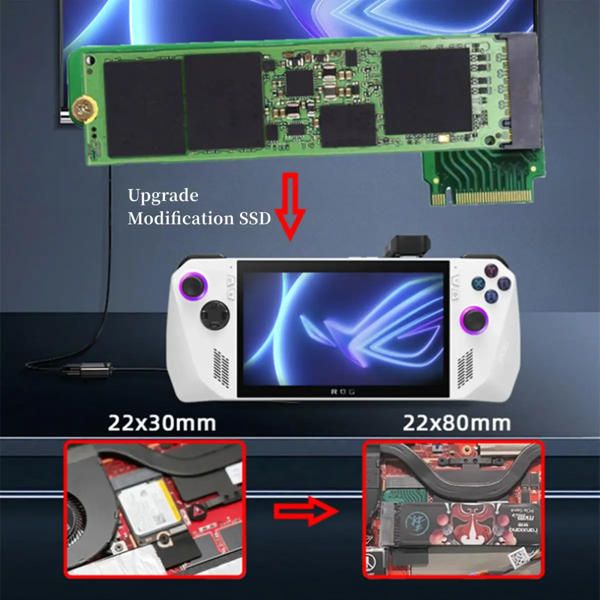 Suckoo NVME M.2 PCIE 4.0 SSD Expansion Board 8.8cm (3.46in) for ROG Ally — Upgrade 2230 to 2280 SSD | 90 Degree Green Adapter - view 8