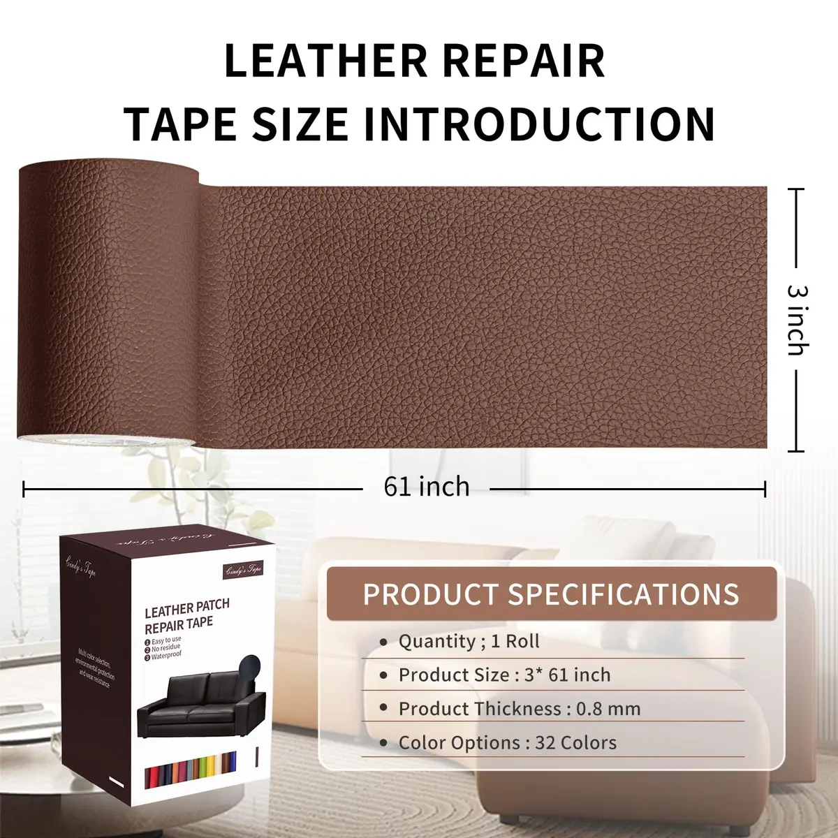 Cindy's Tape Leather Repair Patch Tape, Brown 3 x 61 Inches | Self Adhesive Leather Fix for Furniture & Car Seats - view 2