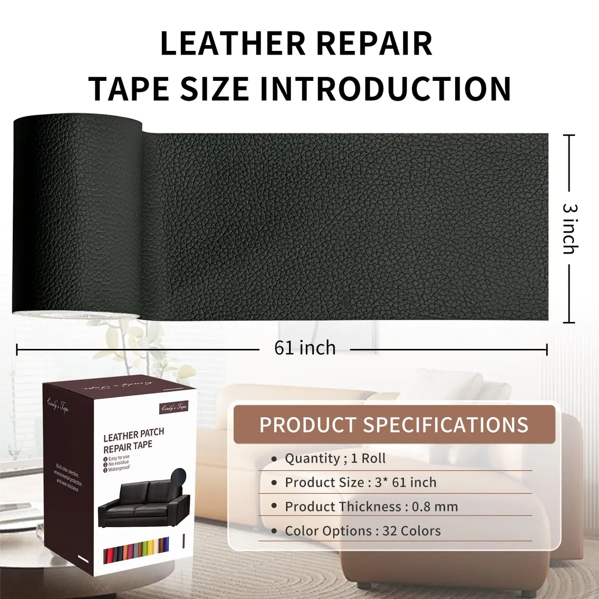 Cindy's Tape Leather Repair Patch Tape, Black 3 x 61 Inches | Self Adhesive Leather Fix for Furniture & Car Seats - view 2