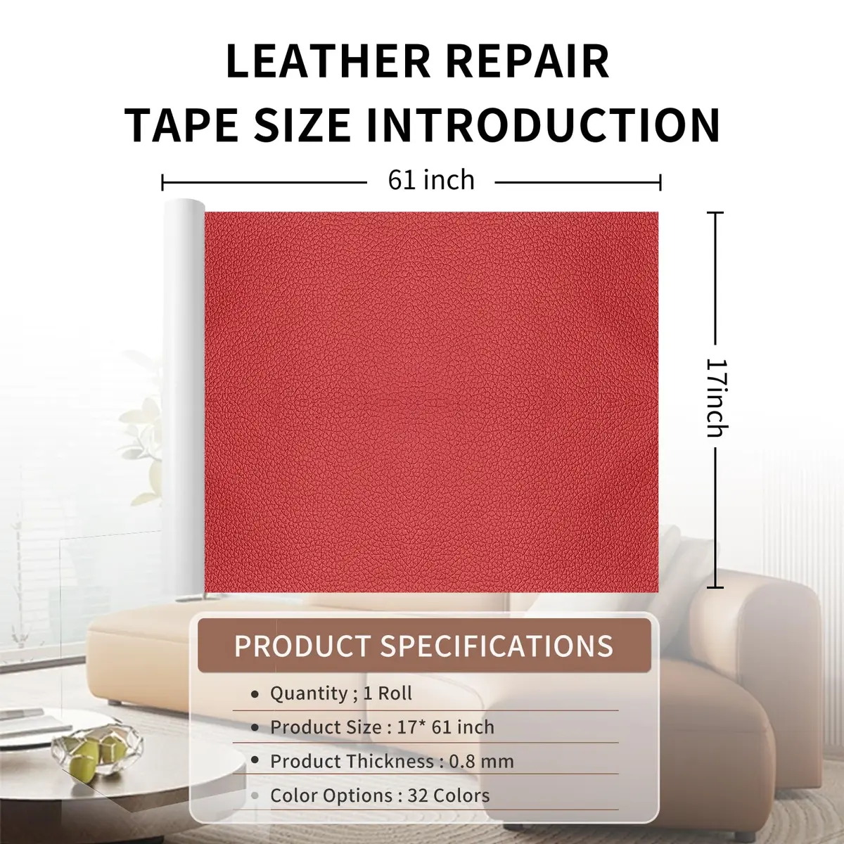 Cindy's Tape Leather Repair Patch Tape, Red 17 x 61 Inches | Self Adhesive Leather Repair Kit for Furniture & Car Seats - view 2