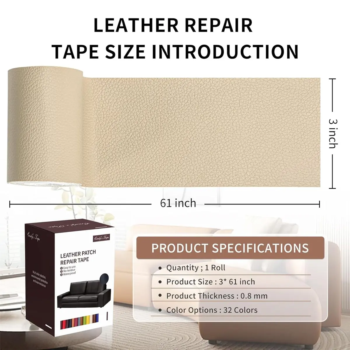Cindy's Tape Leather Repair Patch Tape, Light Beige 3 x 61 Inches | Self-Adhesive, Waterproof & Durable - view 2