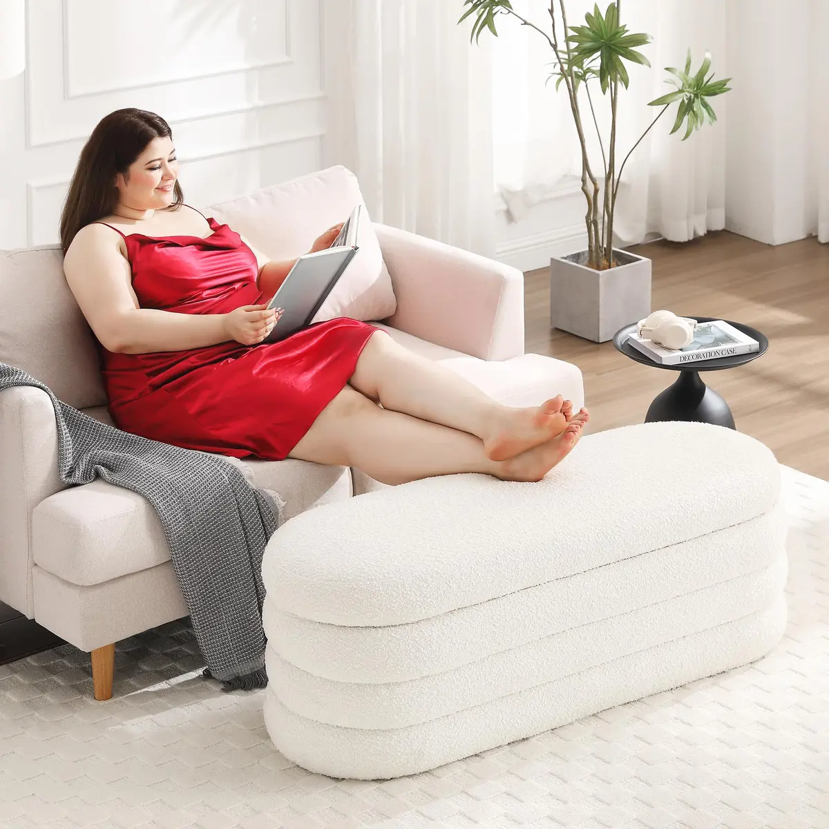 Busaurus Storage Ottoman Bench 49.2 Inch Ivory | Multifunctional Bedroom & Living Room Ottoman - view 8