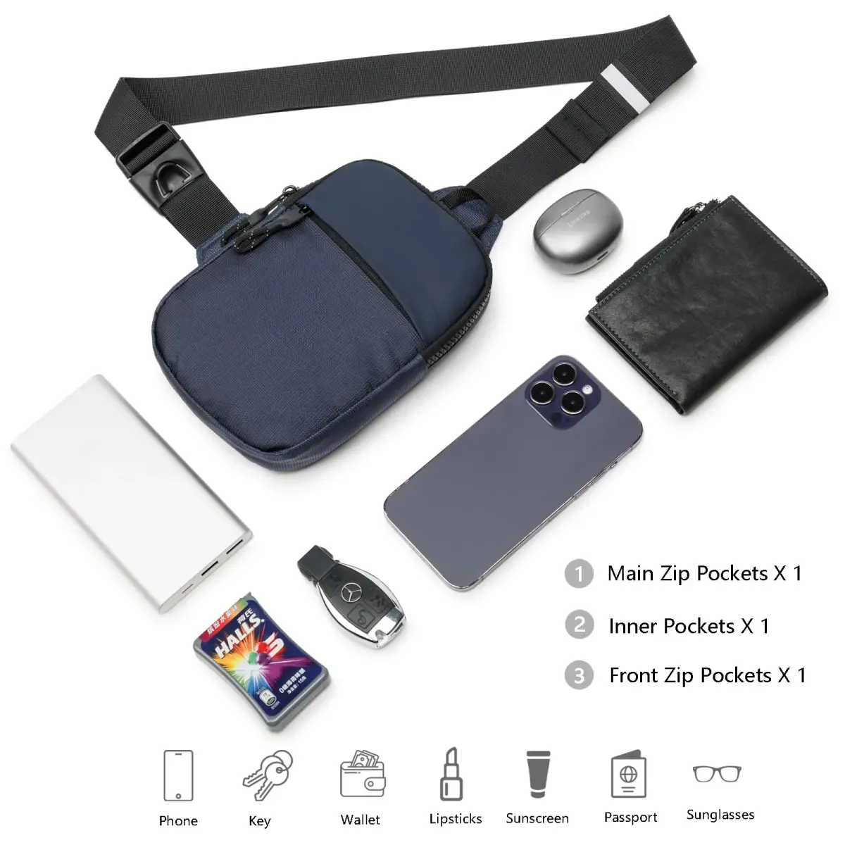 higouta Mini Waterproof Sling Bag for Men & Women, 5.3" x 8.1" x 1.2" | Navy Blue, Adjustable Strap - view 5