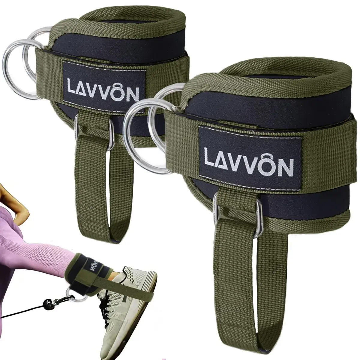 LAVVON Padded Ankle Straps for Cable Machines Kickbacks - Glute Workout Cuffs with Double D-Ring, Army Green (1 Pair) - main product image