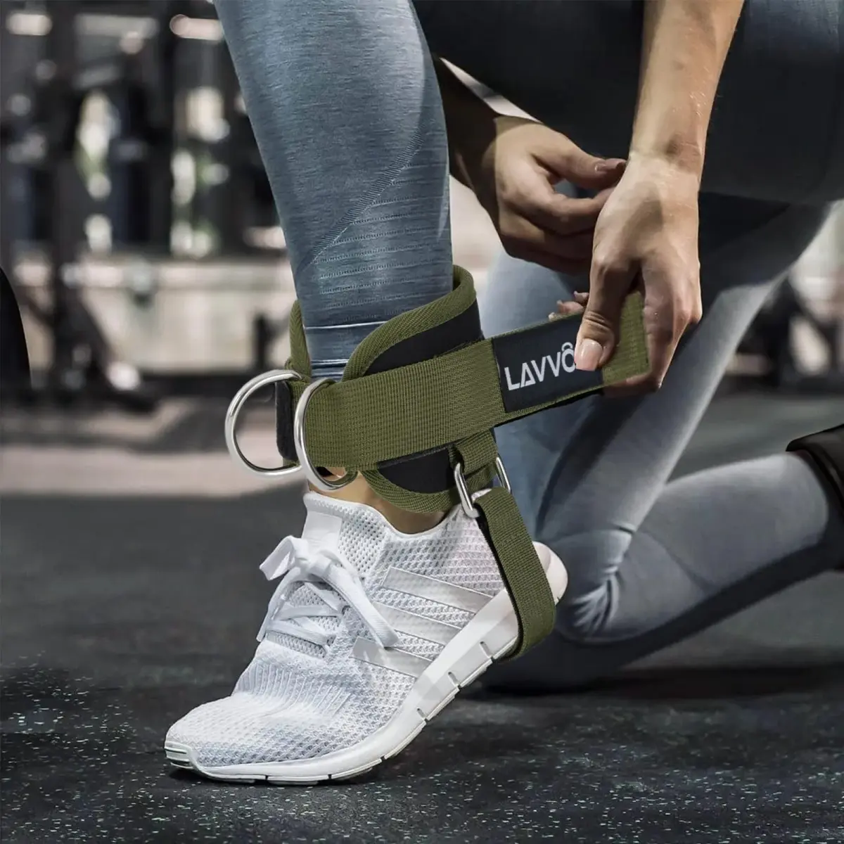 LAVVON Padded Ankle Straps for Cable Machines Kickbacks - Glute Workout Cuffs with Double D-Ring, Army Green (1 Pair) - view 6