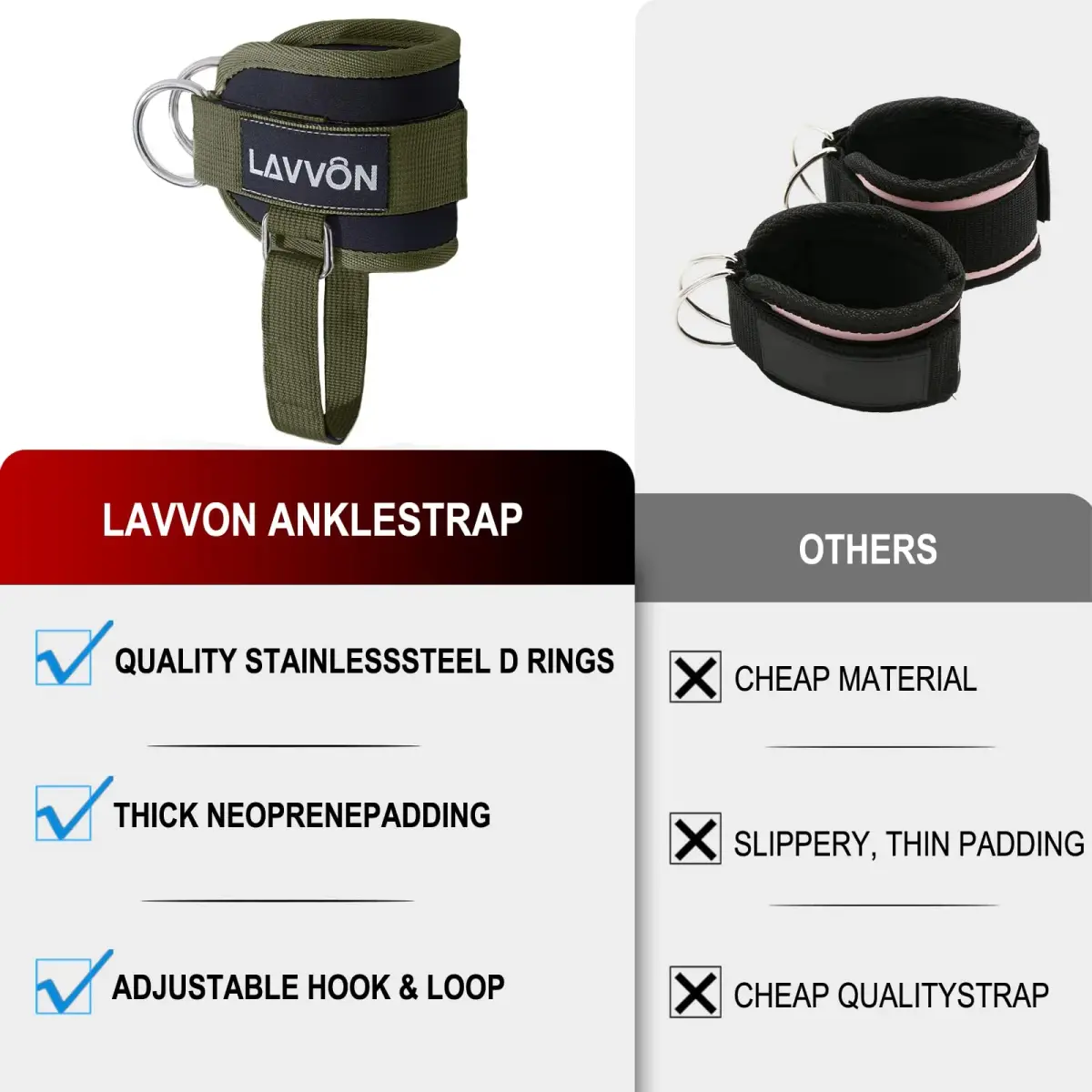 LAVVON Padded Ankle Straps for Cable Machines Kickbacks - Glute Workout Cuffs with Double D-Ring, Army Green (1 Pair) - view 7