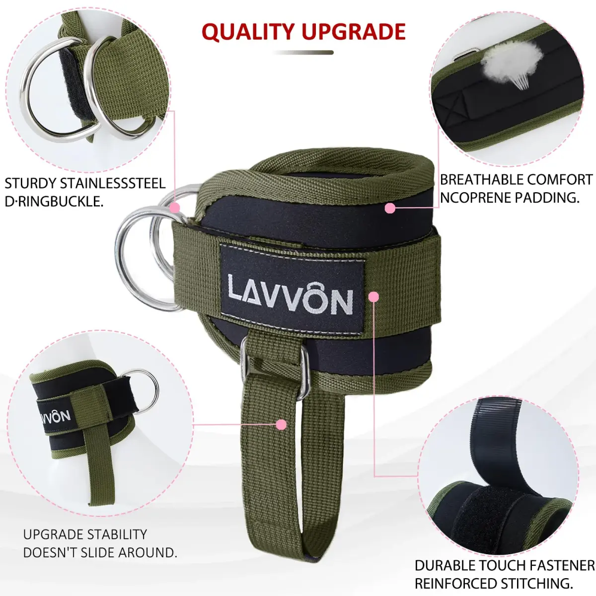 LAVVON Padded Ankle Straps for Cable Machines Kickbacks - Glute Workout Cuffs with Double D-Ring, Army Green (1 Pair) - view 3