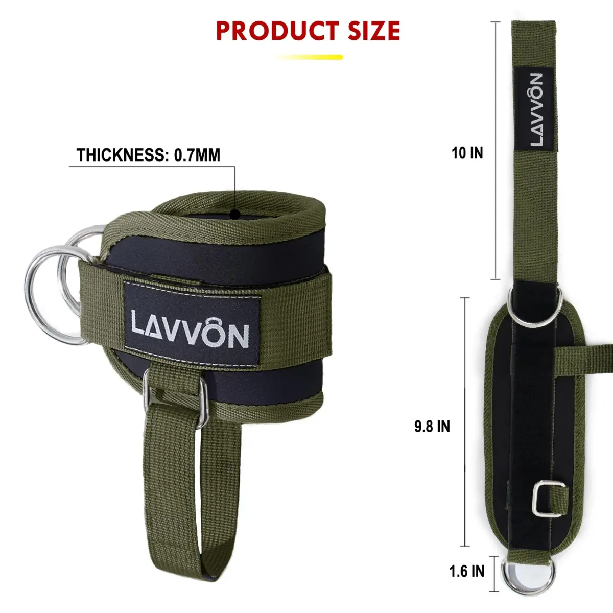 LAVVON Padded Ankle Straps for Cable Machines Kickbacks - Glute Workout Cuffs with Double D-Ring, Army Green (1 Pair) - view 4