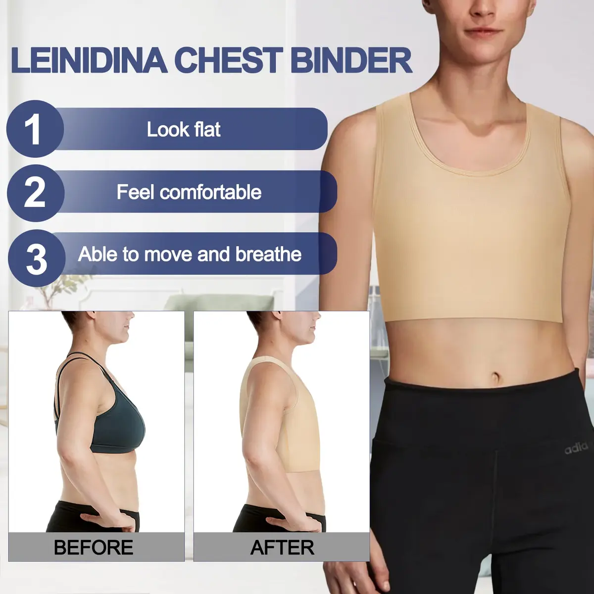 LEINIDINA Chest Binder Bra Transgender FTM LGBT Compression Tank Top, Skin, Flattens Chest, Comfortable Fit, Breathable, Zipper Closure - view 3