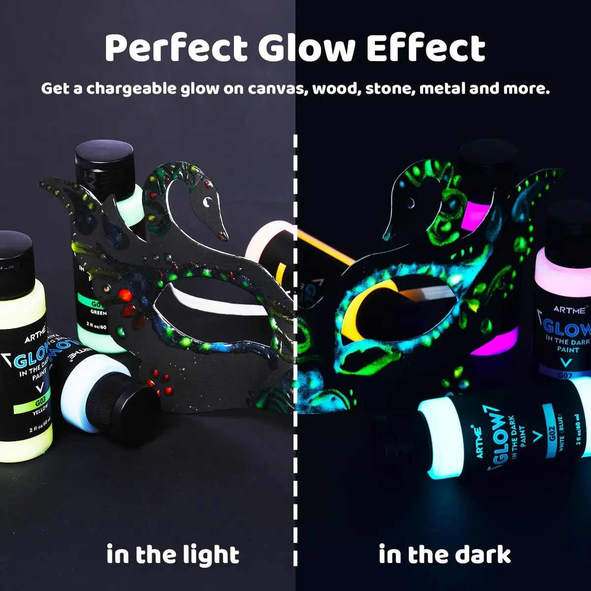 ARTME Glow in The Dark Paint Set, 10 Colors 20 Fl Oz (600ml) | ASTM D-4236 & EN71 Certified Neon Acrylic Craft Paint - view 5