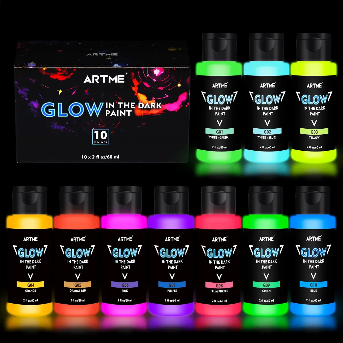 ARTME Glow in The Dark Paint Set, 10 Colors 20 Fl Oz (600ml) | ASTM D-4236 & EN71 Certified Neon Acrylic Craft Paint - main product image