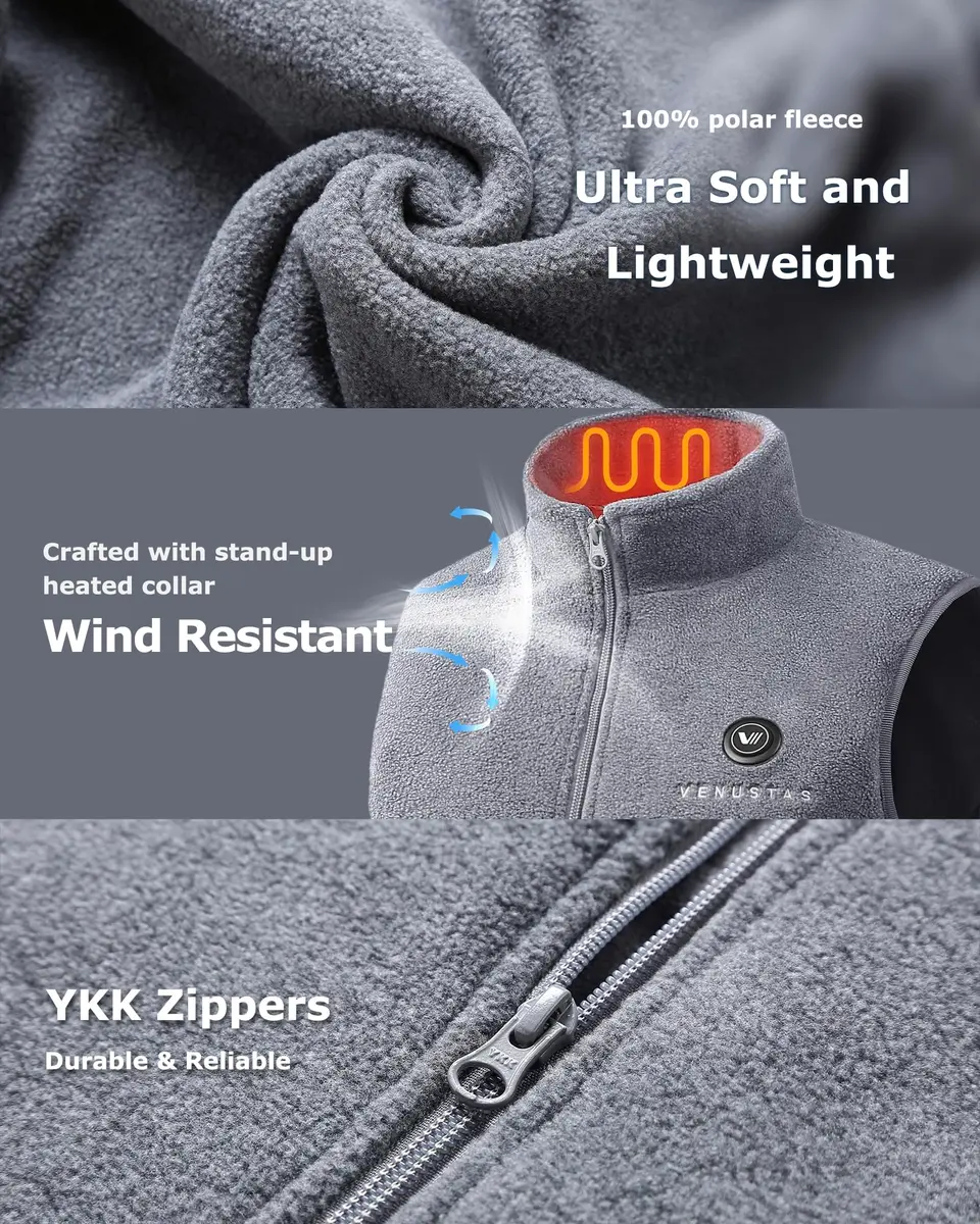 Venustas Men's Heated Fleece Vest with 6 Heating Zones & Battery Pack | Lightweight, 5X-Large, Gray, Winter - view 4