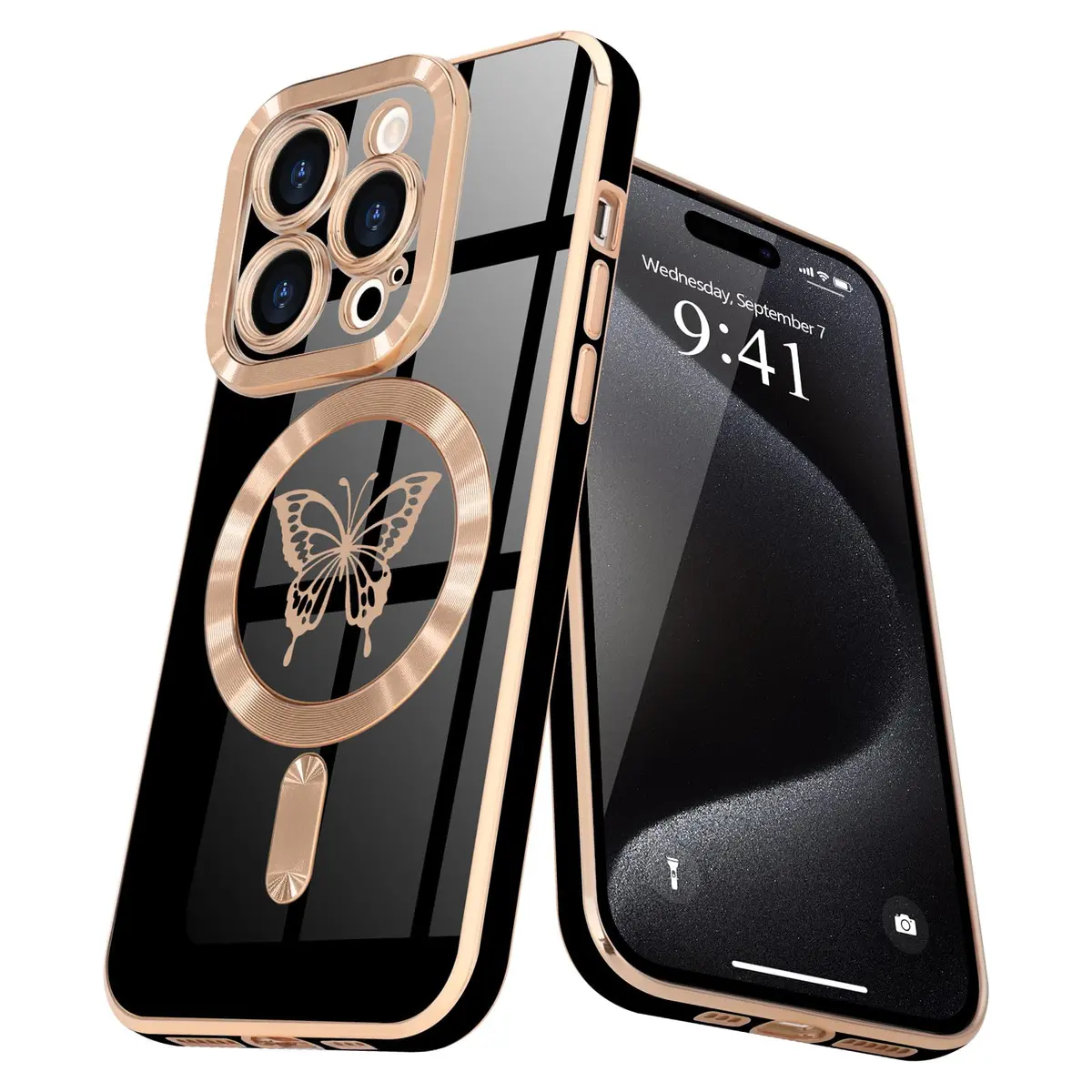 Lafunda Magnetic for iPhone 15 Pro Case Butterfly, Black | Stylish Shockproof TPU Cover with Magnetic Support - main product image