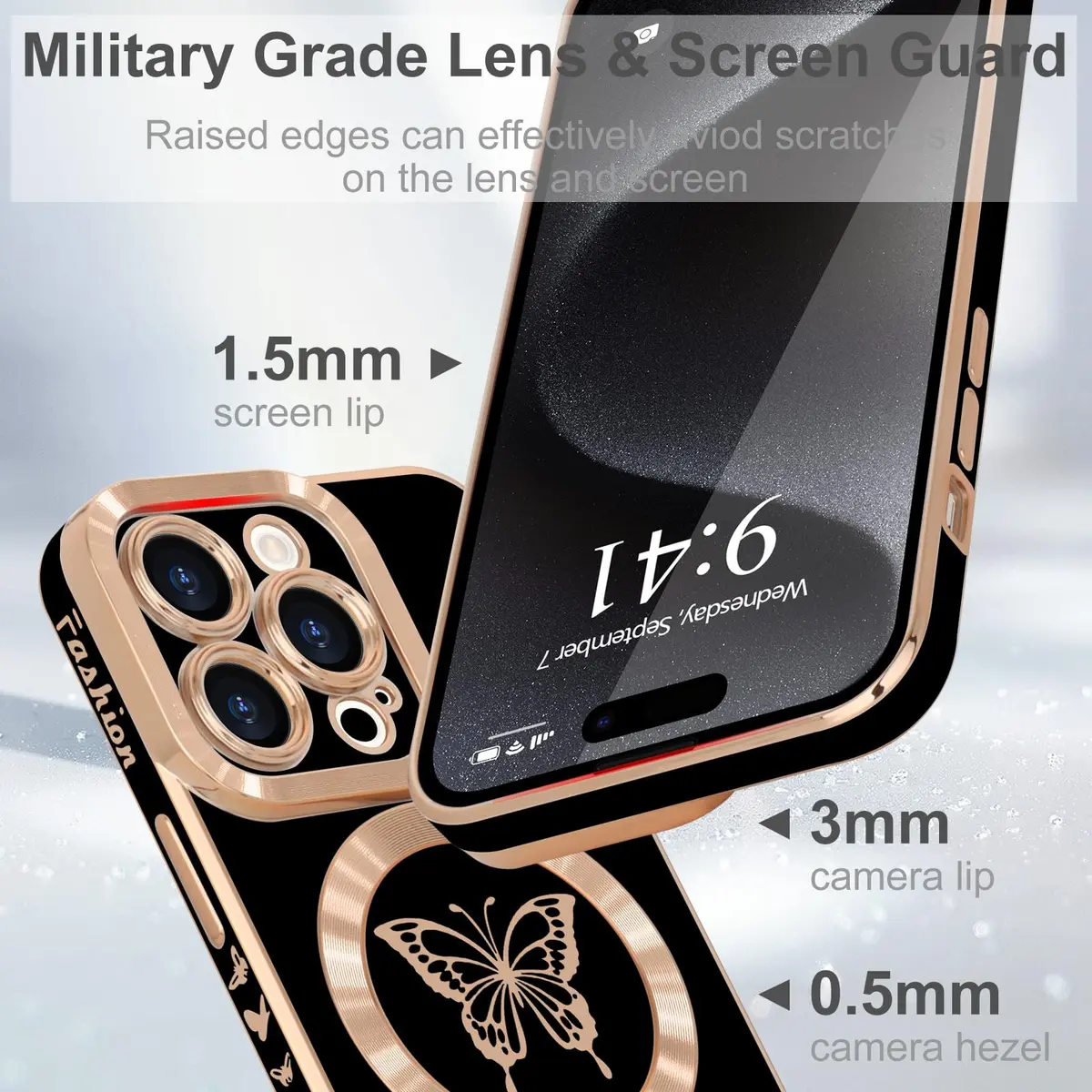 Lafunda Magnetic for iPhone 15 Pro Case Butterfly, Black | Stylish Shockproof TPU Cover with Magnetic Support - view 3