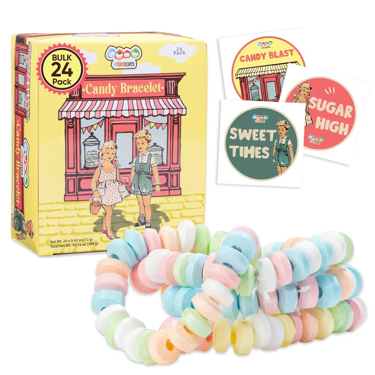 4YoreElves Candy Bracelets Individually Wrapped, Pack of 24 Pastel Candy Jewelry | Fun Retro Party Favors - main product image