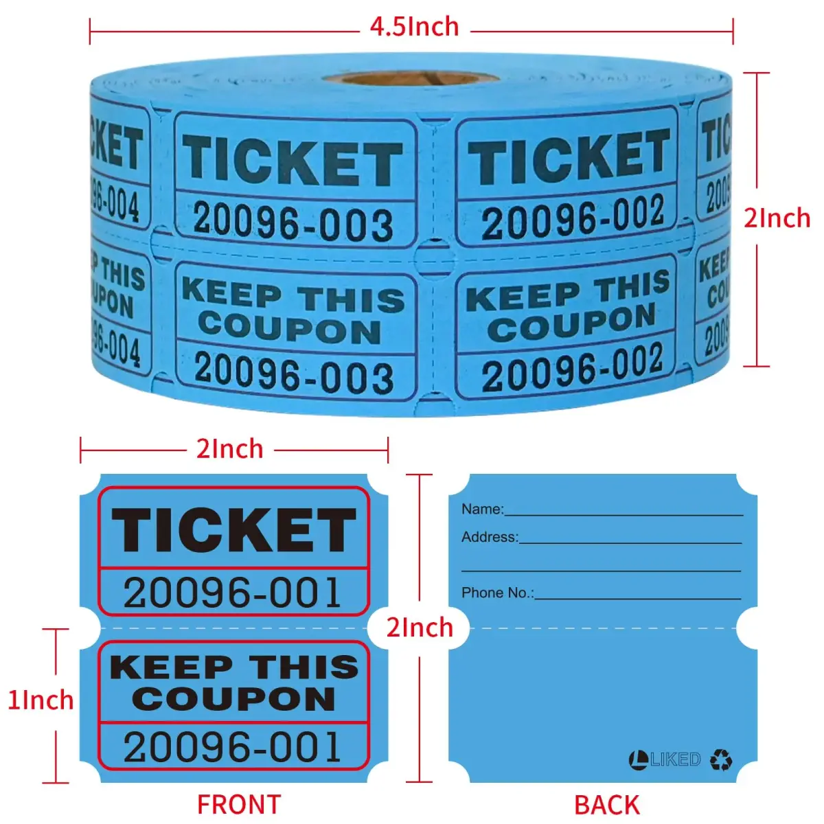 L LIKED Blue Raffle Tickets 2" x 2" Double Roll (1000 Pairs) | Consecutive Numbering for Easy Event Management - view 4