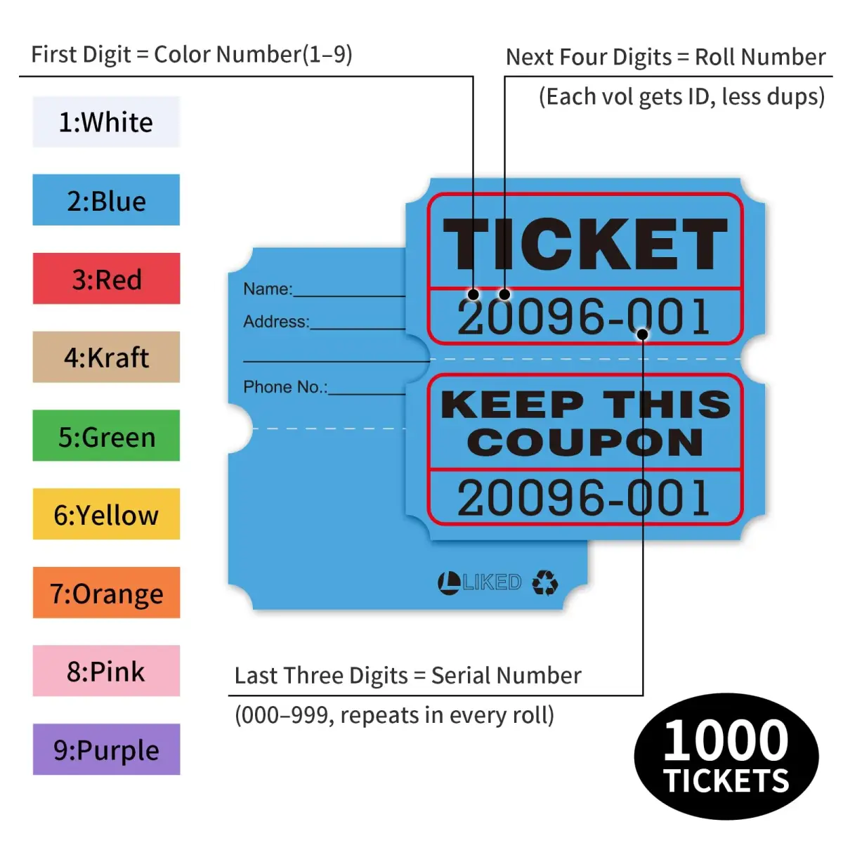 L LIKED Blue Raffle Tickets 2" x 2" Double Roll (1000 Pairs) | Consecutive Numbering for Easy Event Management - view 2