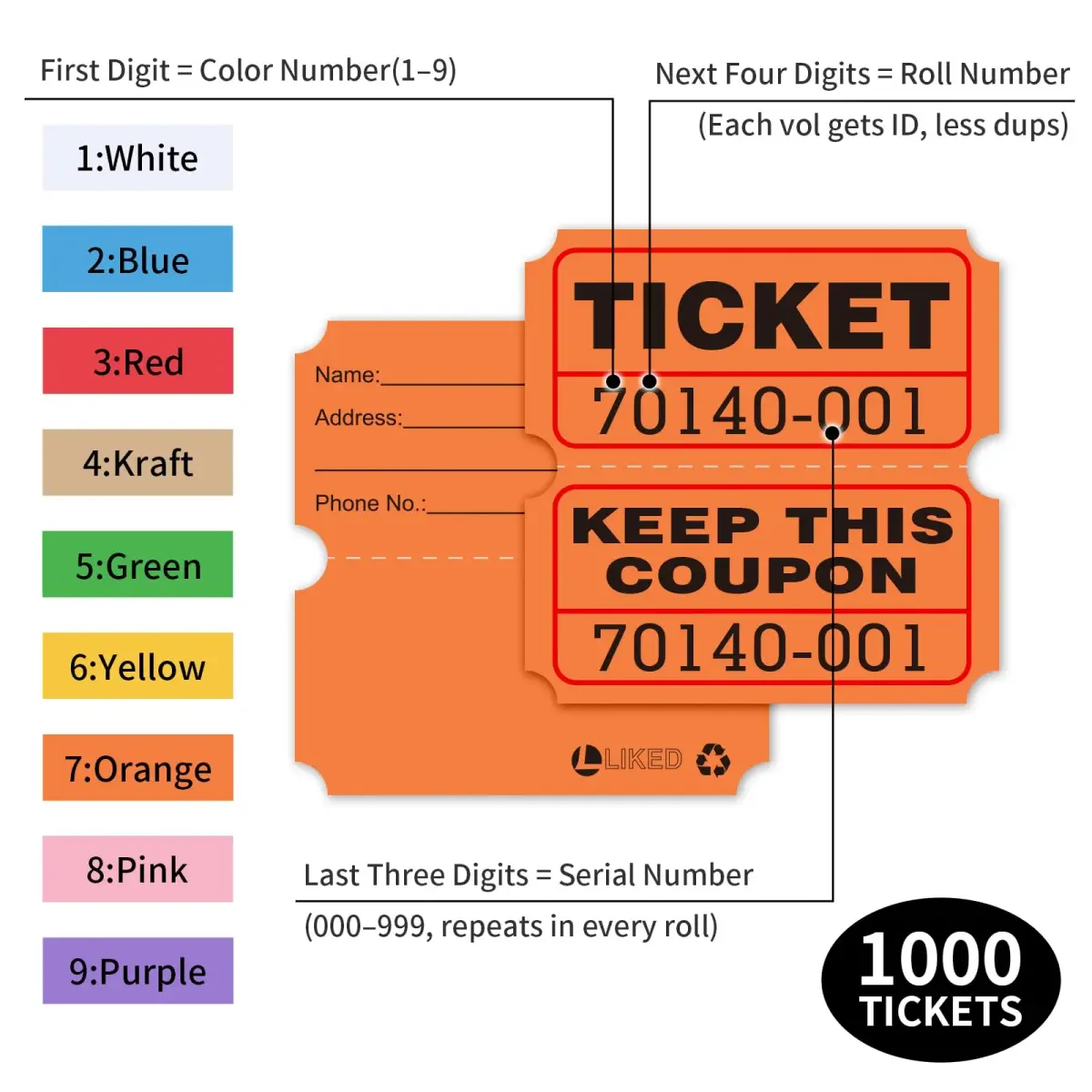 L LIKED Orange Raffle Tickets 2" x 2", Double Roll, 1000 Pairs/Roll | Consecutively Numbered for Easy Event Management - view 2